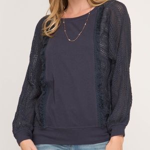 Navy Knit with Lace Trim Detail